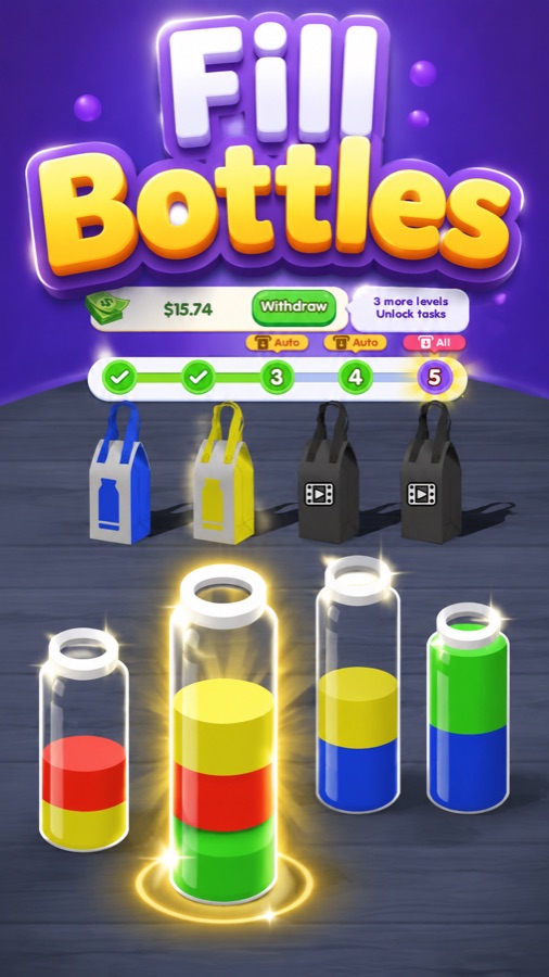Color Pour Jam level with multiple juice glasses to sort